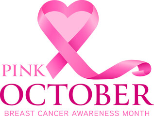 Pink ribbon symbol deisgn in heart shape. Breast cancer awareness month. Design for poster, banner, t-shirt. Vector illustration.