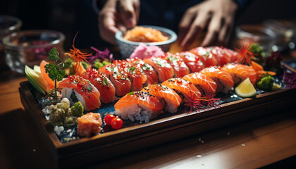 Freshness and cultures on a plate, seafood and sashimi delight generated by AI