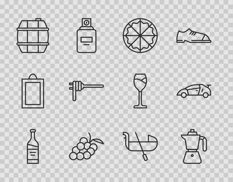 Set line Bottle of wine, Coffee moca pot, Pizza, Grape fruit, Barrel for, Pasta spaghetti, Gondola and Sport racing car icon. Vector