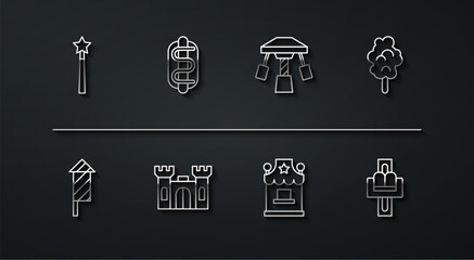 Set line Magic wand, Firework rocket, Cotton candy, Ticket box office, Castle, Hotdog sandwich, Attraction carousel and icon. Vector