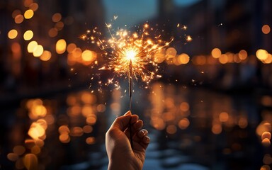Hand holding fireworks to celebrate new year party on dark background with gold glittering light and bokeh - obrazy, fototapety, plakaty