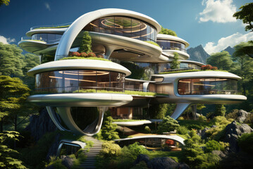 Exterior of the house of the future in harmony with nature