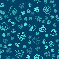 Green line School backpack icon isolated seamless pattern on blue background. Vector