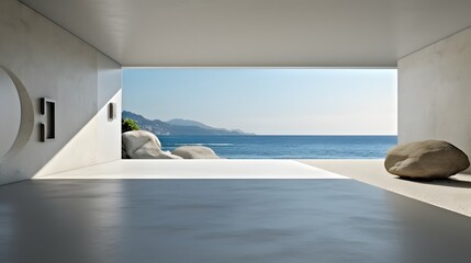 Abstract interior design of modern sea view showroom. Empty floor and white gravel with concrete wall background.
