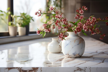 Pink flowers in a vase stand on a marble table in the kitchen against the background of the window