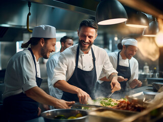 chefs creating  food in a industrial kitchen smiling and being happy 