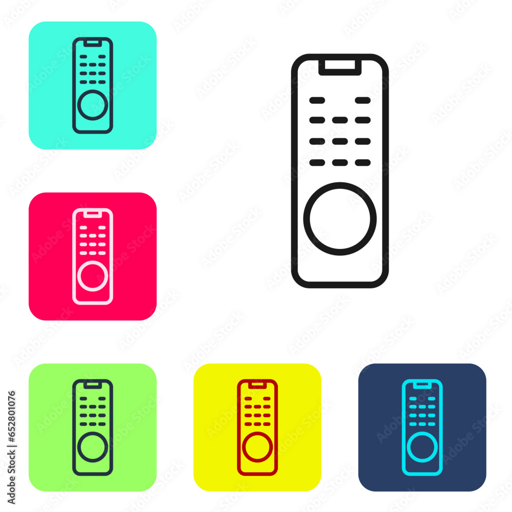 Poster black line remote control icon isolated on white background. set icons in color square buttons. vect