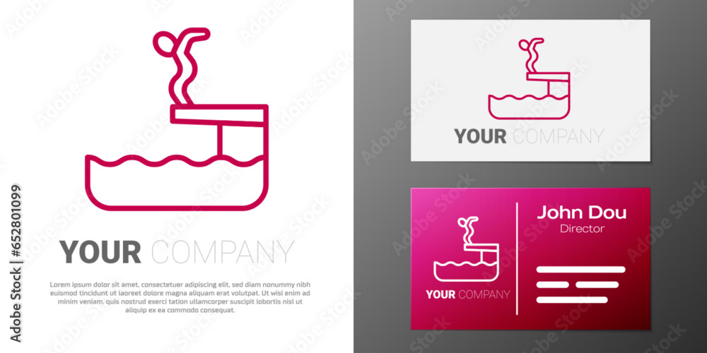 Poster logotype line swimmer diving into pool icon isolated on white background. logo design template eleme