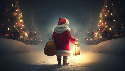 Kind als Weihnachtsmann verkleidet trägt Geschenke von hinten im Schnee zwischen Häusern. Weihnachtszauber und glückliche Momente Generative AI  - obrazy, fototapety, plakaty