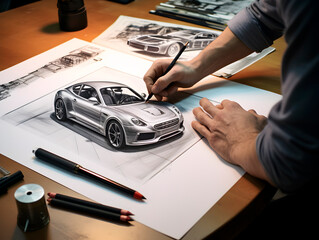 Designer drawing on sketch of a car with a pencil - obrazy, fototapety, plakaty