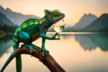 chameleon drinking water - obrazy, fototapety, plakaty