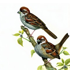 Watercolor painting of a male and female American Tree Sparrow perched on a tree branch isolated on a white background