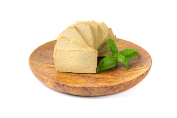 Tofu Cheese Isolated, Smoked Vegan Cheese Slice, Sliced Soya Bean Curd, Soy Protein or TSP