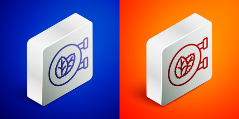 Isometric line Tobacco leaf shop icon isolated on blue and orange background. Tobacco leaves. Silver square button. Vector