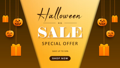Halloween sale banner background concept with hanging halloween elements like pumpkins and gift box