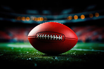 Baseball or an American football ball is lying on the lawn at the stadium