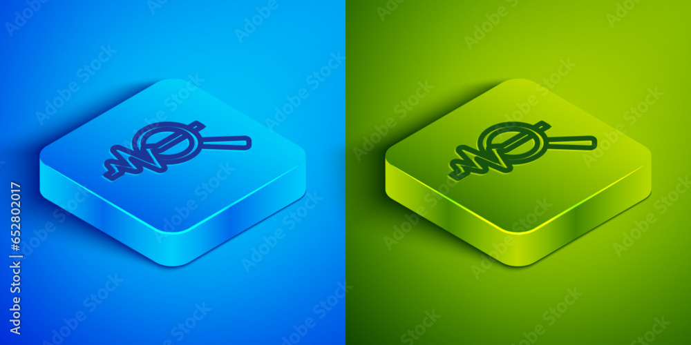 Poster isometric line magnifying glass and data analysis icon isolated on blue and green background. search