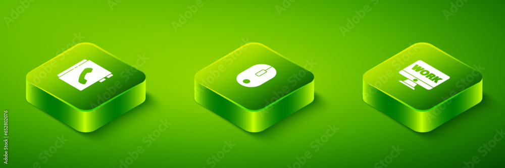 Poster set isometric computer mouse, monitor with text work and address book icon. vector
