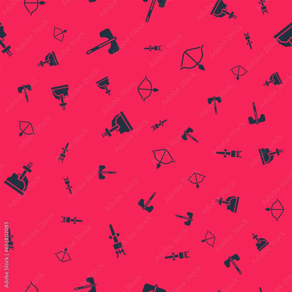 Poster set torch flame, medieval axe, sword in the stone and bow and arrow on seamless pattern. vector
