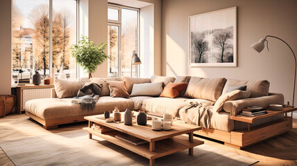Scandi-style living room with neutral tones and wooden elements.