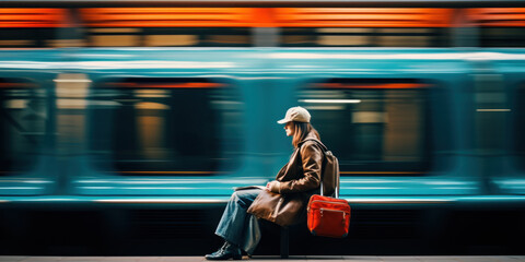 femme avec ses bagages attendant le train sur le quai de la gare, arrière plan flou avec le passage à grande vitesse d'un train - obrazy, fototapety, plakaty
