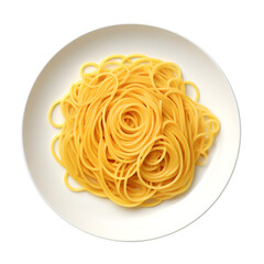 A plate of plain Italian spaghetti on plate, top view. Isolated cutout on transparent or white background.