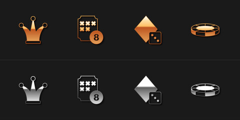 Set Joker playing card, Lottery ball on bingo, Game dice and Casino chips icon. Vector