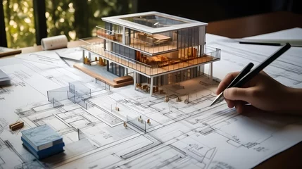 Foto op Aluminium architect design working drawing sketch plans blueprints and making architectural construction model in architect studio © Lucky Ai