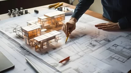 Fotobehang architect design working drawing sketch plans blueprints and making architectural construction model in architect studio © Lucky Ai