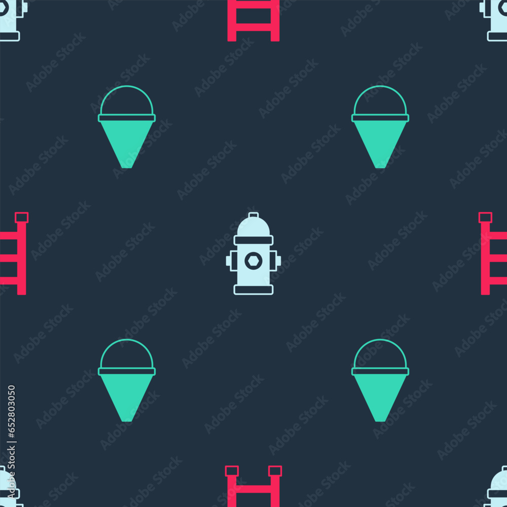Poster set fire escape, hydrant and cone bucket on seamless pattern. vector