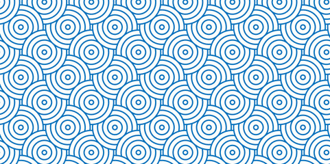 Seamless geometric ocean spiral pattern and abstract circle wave lines. blue seamless tile stripe geomatics overlooping create retro square line backdrop pattern background. Overlapping Pattern.