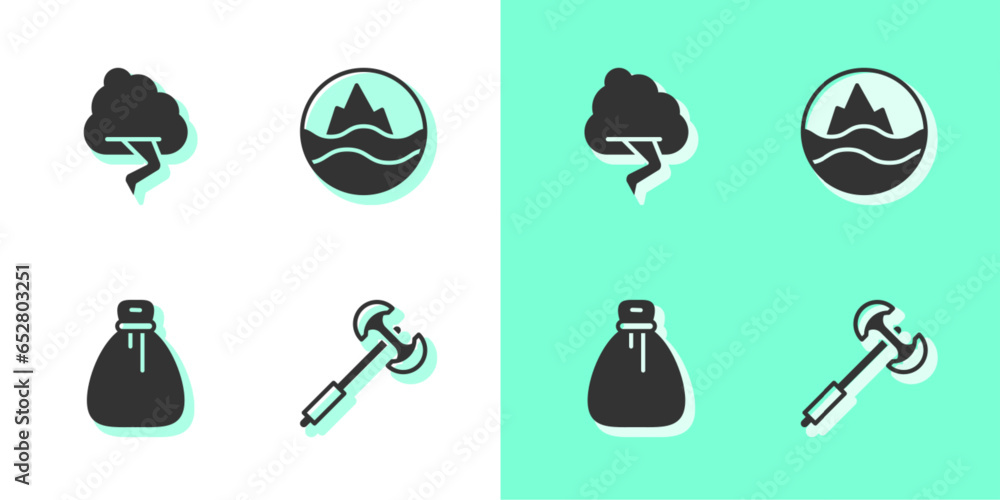 Sticker Set Medieval poleaxe, Cloud and lightning, Old money bag and Sea waves icon. Vector