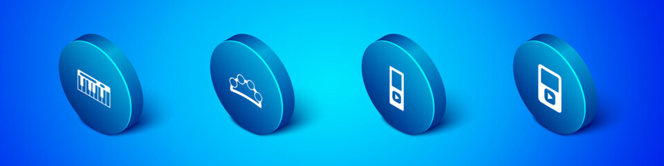 Set Isometric Music synthesizer, player, and Tambourine icon. Vector