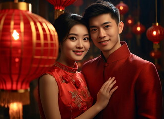 Chinese New Year Mood with Red Lanterns,  Сouple in Traditional Clothing - AI Generated