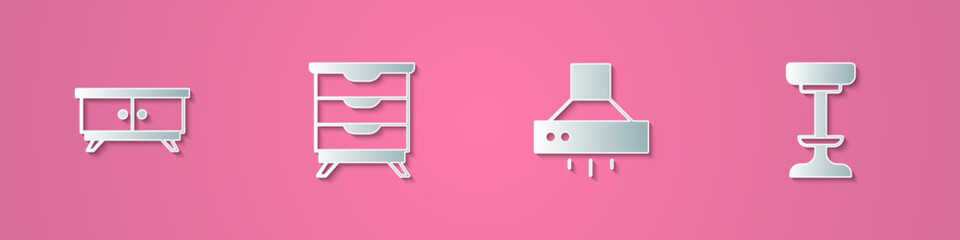 Set paper cut Furniture nightstand, Kitchen extractor fan and Chair icon. Paper art style. Vector