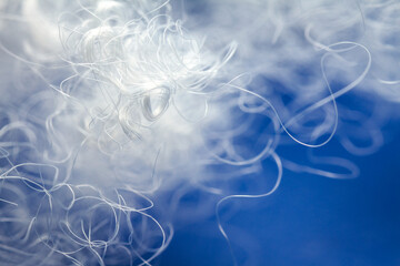 Extreme macro of polyester stable fiber on blue background