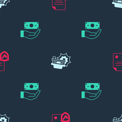Set Contract with shield, Car accident and Money on seamless pattern. Vector