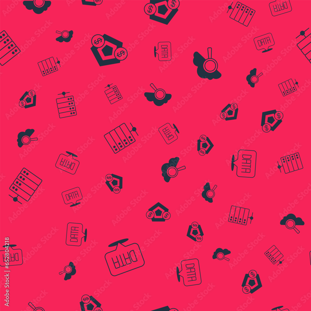 Poster set data analysis, financial growth, server and search cloud computing on seamless pattern. vector