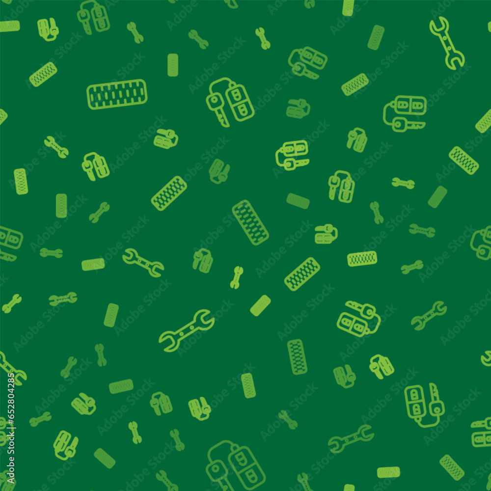 Poster set line car tire wheel, wrench spanner and key with remote on seamless pattern. vector