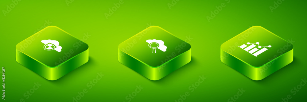 Aufkleber set isometric search cloud computing, pie chart infographic and cloud and shield icon. vector