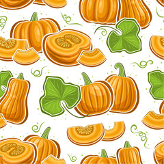 Vector Pumpkin Seamless Pattern, square repeat background with illustrations of ripe pumpkin still life compositions with green leaves for wrapping paper, group of flying flat lay juicy pumpkins parts