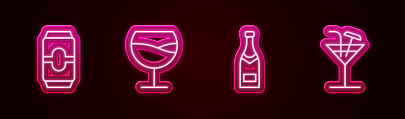 Set line Beer can, Wine glass, Champagne bottle and Cocktail. Glowing neon icon. Vector