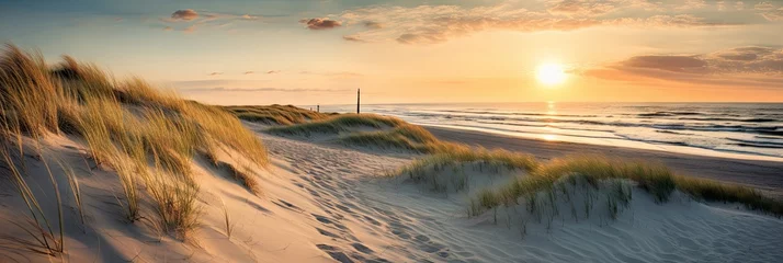 Fototapeten Golden serenity. Tranquil evening on sandy coast. Coastal dreams. Sun kissed dunes by sea. Horizon haven. Embracing beauty of north sea © Thares2020