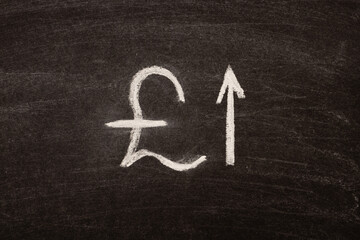 Franc sign, pound sterling written in chalk on a black board with an up arrow.