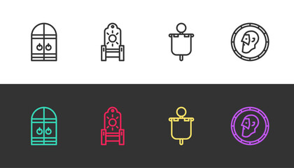 Set line Medieval castle gate, throne, flag and Ancient coin on black and white. Vector