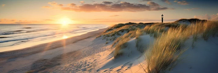 Photo sur Plexiglas Coucher de soleil sur la plage Golden serenity. Tranquil evening on sandy coast. Coastal dreams. Sun kissed dunes by sea. Horizon haven. Embracing beauty of north sea