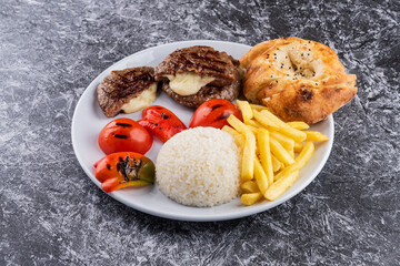 Combo Cutlet with cheese, grilled vegetables with Flatbread and cheese, French fries