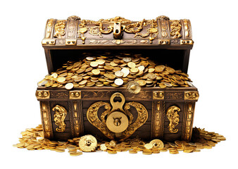 Open treasure chest full of gold coins isolated on transparent background. PNG file, cut out - obrazy, fototapety, plakaty