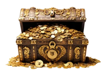Fotobehang Open treasure chest full of gold coins isolated on transparent background. PNG file, cut out ©  Jannatul Koraise