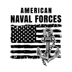 American naval forces vector illustration in monochrome style with USA flag and anchor isolated on white